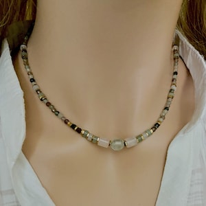 Handmade multi gemstone tiny beaded necklace- Precious stone moss agate &rose quartz gold necklace- Multicolor choker- Dainty rainbow choker