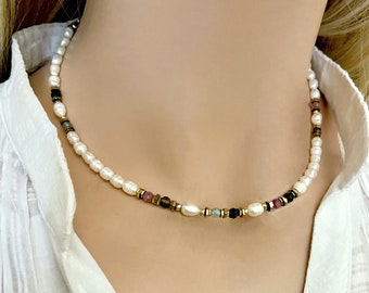 Freshwater pearl and multicolored tourmaline necklace- Beaded gemstone necklace- Pearl and gemstone necklace gold- Multistone bead necklace