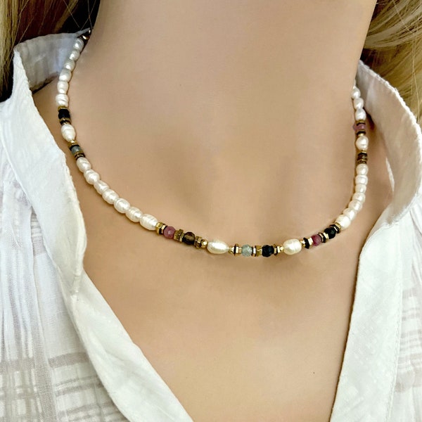 Freshwater pearl and multicolored tourmaline necklace- Beaded gemstone necklace- Pearl and gemstone necklace gold- Multistone bead necklace