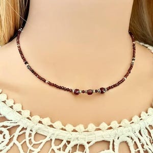 Red garnet silver necklace- Tiny beaded gemstone choker necklace- Short red stone necklace -Dainty  silver necklace- Elegant jewelry- Collar