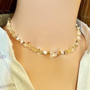 Citrine & pearl necklace gold plated- Dinty gemstone necklace handmade- Raw citrine necklace choker- Citrine jewelry set-Multicolor necklace