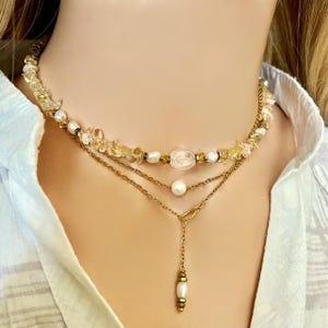 Citrine & pearl necklace- Light yellow gold necklace- Raw citrine necklace choker- Citrine jewelry set- Multicolor gemstone necklace collar