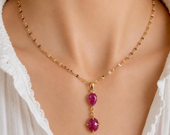 Natural Ruby Y Necklace, Genuine Ruby Pendant Gold Plated Chain, Lariat Gemstone Necklace, Dainty Luxury Jewelry, Red & Gold Necklace