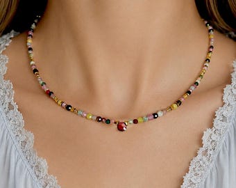 マルチカラートルマリンネックレス、カラフルな天然石ネックレス、金メッキの高級パールネックレス、マルチトルマリンチョーカー、繊細なジュエリー