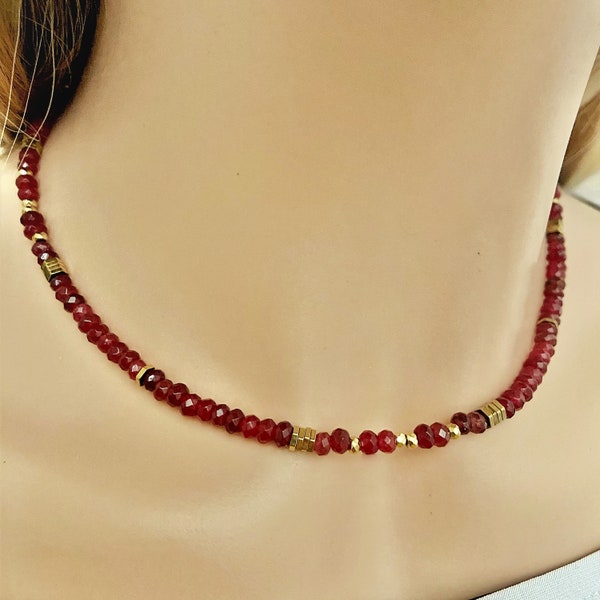 Red ruby necklace choker-  Beaded gemstone necklace - Red & gold beaded necklace choker- Red crystal necklace- Preciouse stone necklace