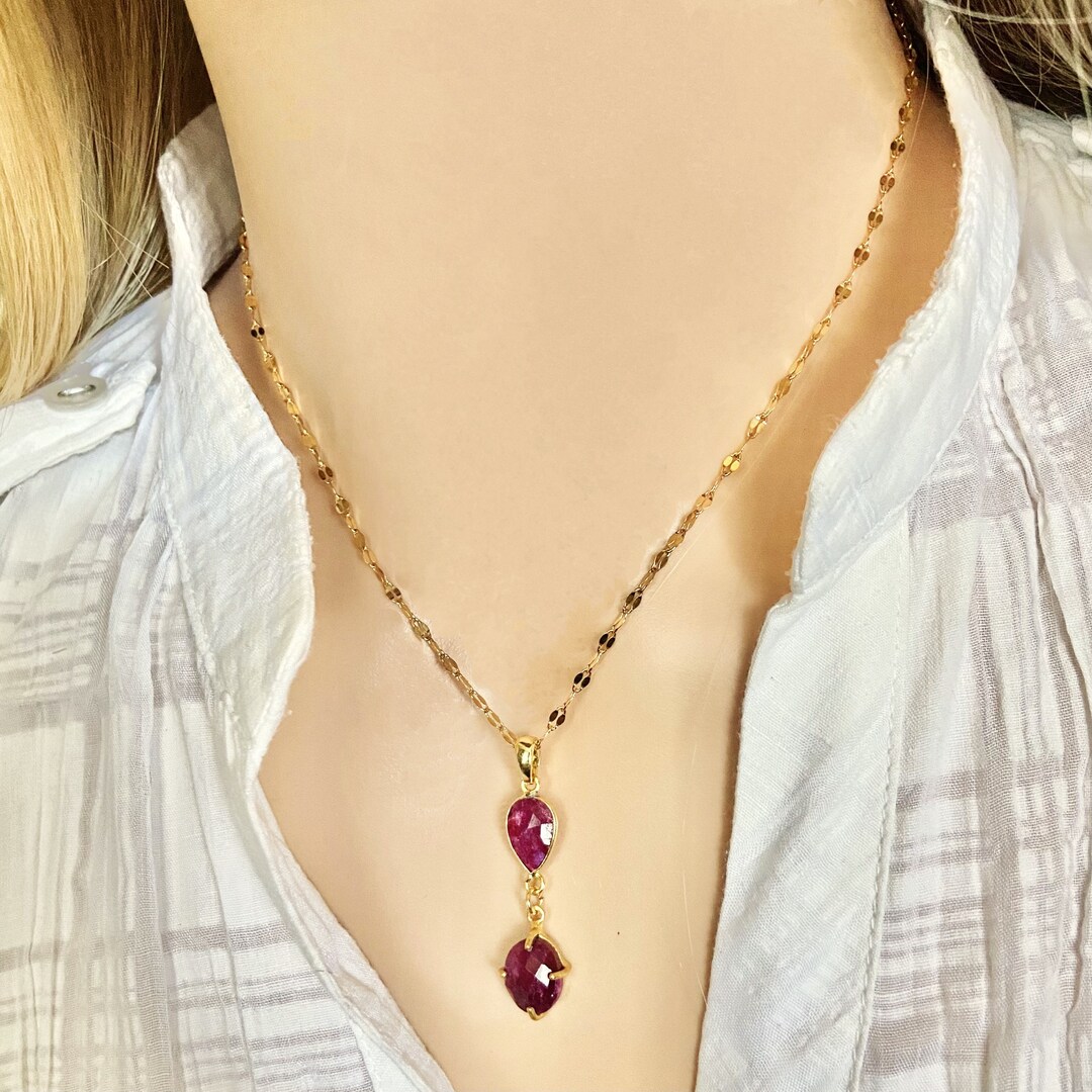 Ruby Natural Pendant Necklace. Y Necklace Red and Gold. Handmade Unique ...