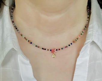 Multi tourmaline necklace choker- Colorful gemstone tiny beaded necklace- Multicolor precious stones necklace -Dainty rainbow gold necklace