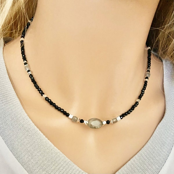Sterling silver & black tourmaline bead necklace- Tiny beaded gemstone 925 silver necklace- Multistone  protective necklace-Black and silver