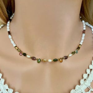 Multi tourmaline & freshwater pearl necklace- Multi gemstone bead necklace- Rainbow tourmaline gold choker- Multicolor semi precious choker
