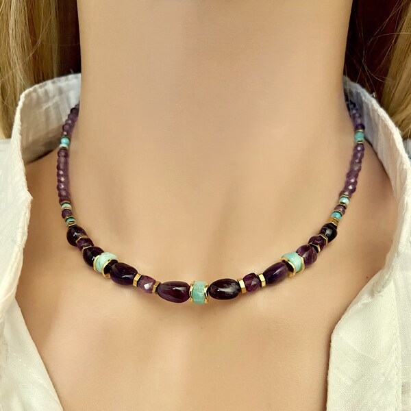 Multi gemstone beaded necklace- Handmade semi precious stone amethyst & amazonit necklace- Multicolor choker- Purple colorful gold necklace
