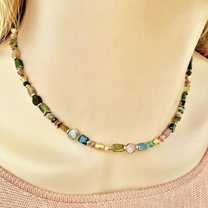 Multi-colored tourmaline gold necklace- Beaded semi-preciouse necklace-Watermelon tormaline choker- Rainbow gemstone necklace-Colorful stone
