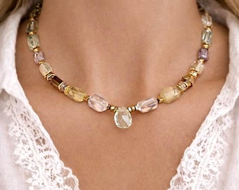 Multi color gemstone beaded choker necklace/ Mixed stones necklace/ Citrine & amethyst necklace Boho jewelry for women/ Chanky necklace gold