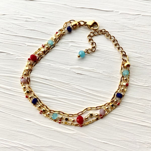 Multicolor beaded bracelet - Multi strand multi crystals gold bracelet - Multi chains & colorful gemstones bracelet - Mix gemstones bracelet