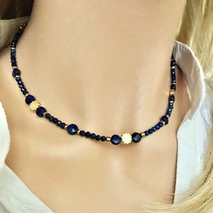Lapis lazuli necklace choker -Tiny beaded gemstone necklace -Blue stone necklace- Gold lapis necklace -Crystal necklace -Boho chic necklace