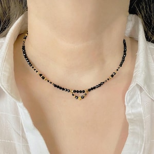 Black tourmaline necklace choker - Tiny gemstone beaded necklace - Black & gold original necklace -Protective necklace - Women birthday gift