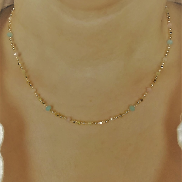 Multi gemstone beaded gold filled chain - Rose quartz & aquamarine necklace choker- Colorful crystal necklace choker- Semi precious choker