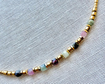 Collier Fin En Argent 925 Avec Tourmaline Multicolore Et Améthyste - Pierre Naturelle, Neuf Avec étiquettes