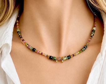 Rainbow Tourmaline Necklace Choker, Colorful Gemstone Necklace, Multicolor Stone Jewelry Gold Filled Handcrafted Natural Stone Jewelry Women
