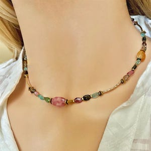 Multicolor semi precious stones necklace choker- Colorful gemstone beaded gold necklace- Multi gemstone Rainbow collar- Colorful crystal