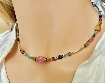 Multicolor semi precious stones necklace choker- Colorful gemstone beaded gold necklace- Multi gemstone Rainbow collar- Colorful crystal