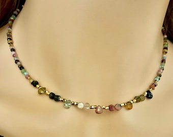 Multi tourmaline choker necklace- Colorful gemstone tiny beaded gold necklace- Rainbow necklace- Multicolor drop necklace-October birthstone