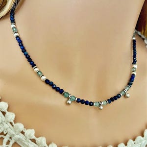 Lapis lazuli apatite & 925 sterling silver necklace- Precious multistone beaded necklace- Blue silver necklace- Multicolor gemstone choker