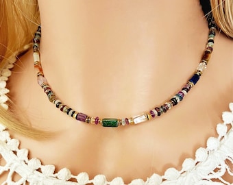 Multicolor semi precious stones necklace choker- Multi gemstone beaded  gold necklace- Rainbow necklace- Mix stones colorful Boheme necklace