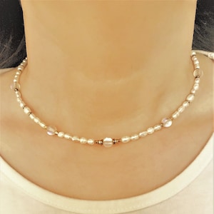 Fresh water pearl necklace choker - Gemstone beaded necklace -Tiny white bead necklace- Pearl & stone necklace- Handmade jewelry- Women gift