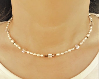 Fresh water pearl necklace choker - Gemstone beaded necklace -Tiny white bead necklace- Pearl & stone necklace- Handmade jewelry- Women gift