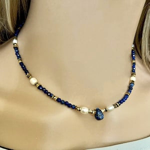 Handmade lapis lazuli & pearl beaded necklace- Tiny gemstone choker- Blue and gold necklace- Gold lapis necklace-Mixed precious stone collar