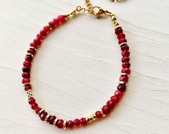 Red ruby bracelet- Tiny gemstone beaded bracelet- Red crystal gold filled bracelet- Red and gold dainty bracelet- Ruby birthstone bracelet