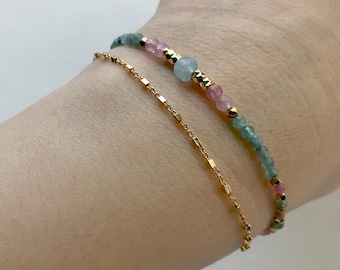 Beaded  pink tourmaline & amazonite bracelet - Mixed gemstone bracelet-14k gold filled double strand bracelet- Pink and blue crystal bracele