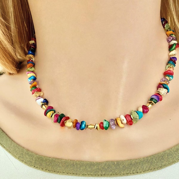 Collar multicolor de piedras preciosas de jade y cuarzo- Collar gargantilla de piedras naturales de colores- Collar arcoíris multipiedras