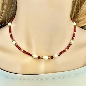 Ruby red and freshwater pearl choker necklace- Multi gemstone tiny beaded necklace- Red and gold necklace -Natural stone and pearl necklace