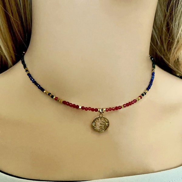 Handmade multi gemstone tiny beaded necklace- Semi precious stones  ruby red lapis lazuli & emerald gold necklace -Dainty colorful choker