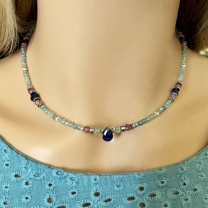 Handmade 925 silver apatite & pink tourmaline necklace- Multi gemstone beaded necklace- Multicolor precious stone necklace- Colorful choker