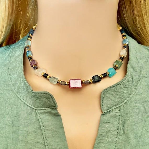 Chunky Multicolor Gemstone Necklace- Large Bead Necklace Choker