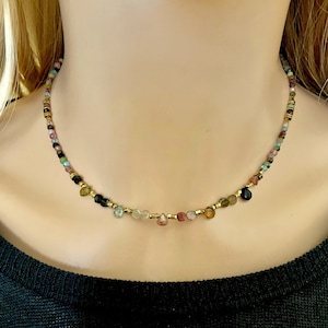Multi tourmaline choker necklace- Colorful gemstone tiny beaded gold necklace- Rainbow necklace- Multicolor drop necklace-October birthstone