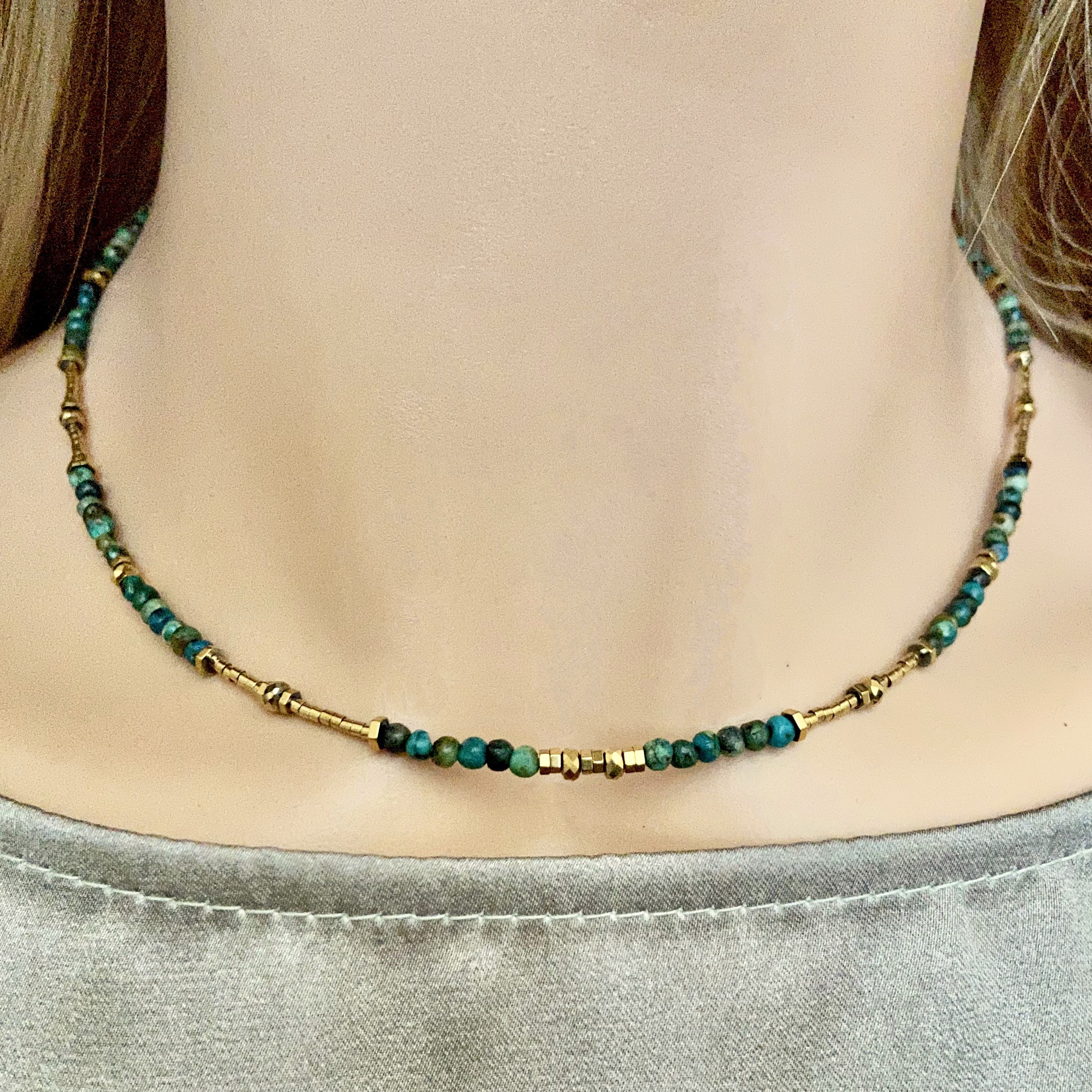 Collier 5 Perles Chrysocolle Des USA - Chaine Acier Inoxydable, Neuf Avec étiquettes, Marque A Bijoux