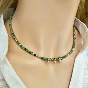 Turquoise choker necklace - Tiny gemstone beaded necklace -Green & gold collar necklace- Trendy colorful necklace- Handmade dainty necklace