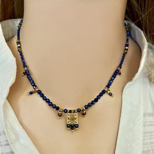 Lapis lazuli gold necklace -Tiny gemstone beaded necklace- Blue and gold necklace- Delicate stone choker- Semi preciouse original necklace