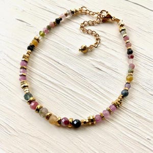 Multicolored tourmaline bracelet -Colorful gemstone beaded gold bracelet- Precious stone bracelet- Rainbow bracelet-Women&#39;s original jewelry