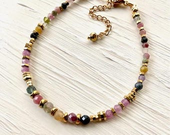 Multicolored tourmaline bracelet -Colorful gemstone beaded gold bracelet- Precious stone bracelet- Rainbow bracelet-Women's original jewelry