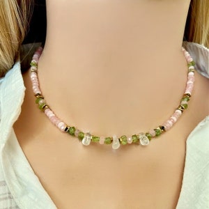 Handmade multi gemstone necklace- Colorful summer choker necklace- Multicolor precious stone necklace- Rose quartz & green peridot necklace