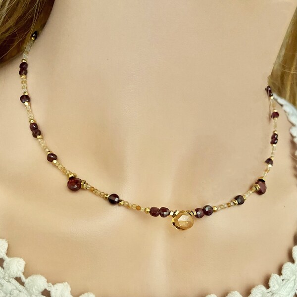 Citrine & garnet necklace- Beaded delicate gemstone necklace -Tiny multi stone necklace- Multicolor necklace- Colorful gold filled necklace