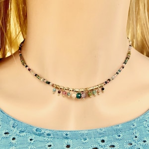 Multi tourmaline necklace choker- Colorful gemstone beaded necklace- Dainty rainbow necklace gold filled- Multicolore crystal bead necklace