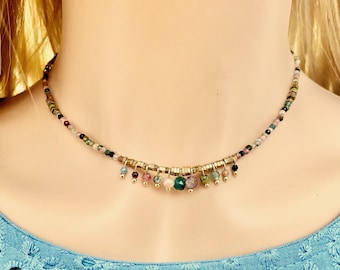 Multi Turmalin Choker Halskette - Feine vergoldete Naturstein Halskette - Multicolor Turmalin Choker - Bunte feine Perlenkette