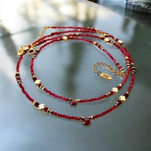 Red ruby gold necklace, Tiny gemstone choker, Clover necklace, Dainty layering gold necklace, Teardrop red stone necklace Waterproof jewelry