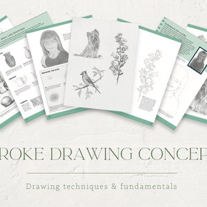 May include: A book titled "Stroke Drawing Concepts: Drawing techniques & fundamentals" with pages showing various pencil drawings of a girl, a dog, a bird, flowers, and a glass.