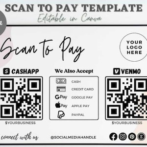 QR-codebord voor kleine bedrijven I Canva-sjabloon bewerkbaar, scan-to-pay-sjabloon, Venmo-betalingsbord voor kleine bedrijven, aangepast bedrijfsbord